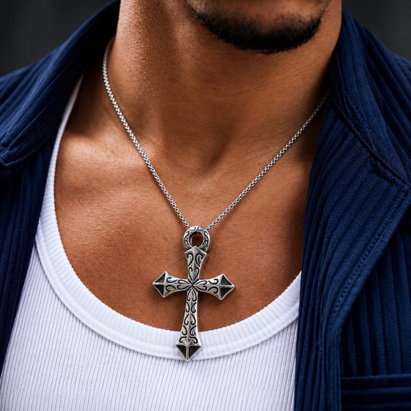 GOTHIC RELIC CROSS - STEEL - 43mm Pure Titanium Steel Pendant with 23inch Round Box 2mm Chain for Men & Boys