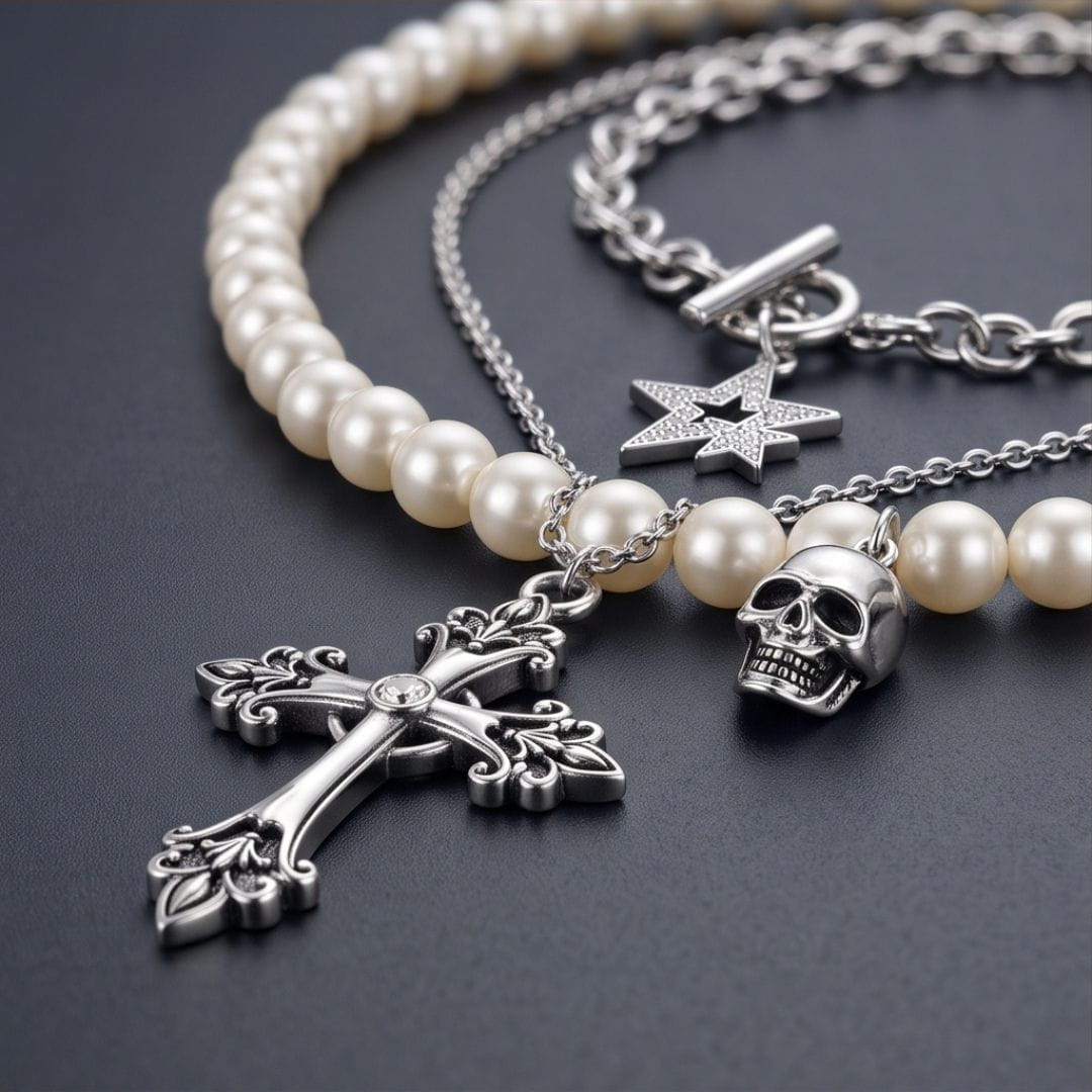 THE MEN THING SS Pendant/ Necklace GOTHIC STAR SKULL - Three Layer Necklace with Oval Rolo Link Chain with Toggle Clasp & Pearl Beaded Chain & Fine Cable Chain & Cross Pendant (17 to 20 inch Adjustable Chain)