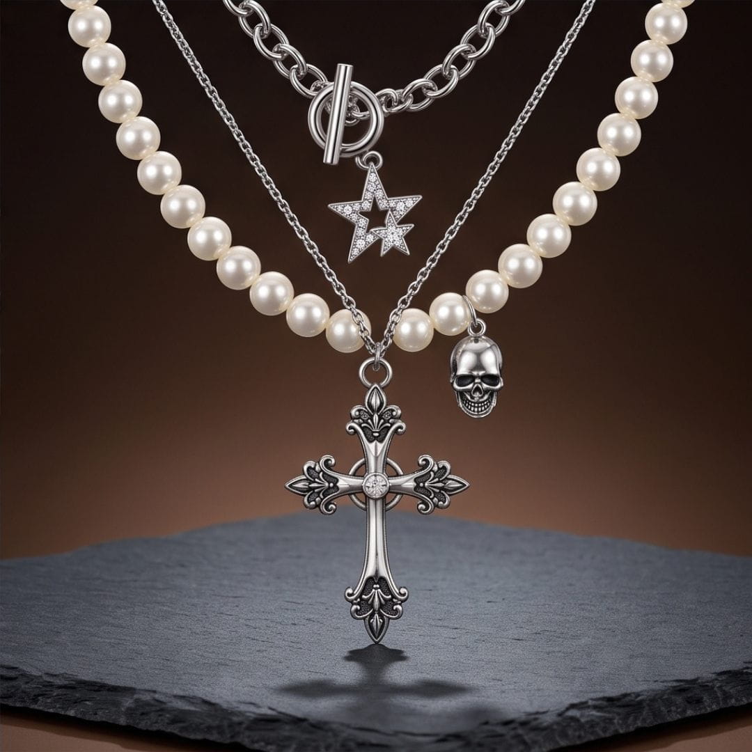 THE MEN THING SS Pendant/ Necklace GOTHIC STAR SKULL - Three Layer Necklace with Oval Rolo Link Chain with Toggle Clasp & Pearl Beaded Chain & Fine Cable Chain & Cross Pendant (17 to 20 inch Adjustable Chain)