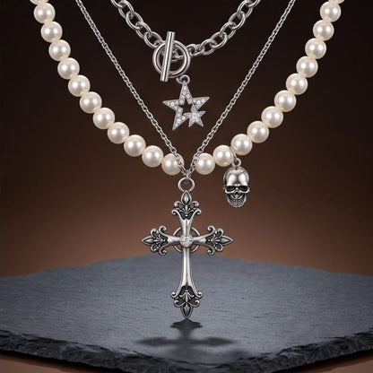 THE MEN THING SS Pendant/ Necklace GOTHIC STAR SKULL - Three Layer Necklace with Oval Rolo Link Chain with Toggle Clasp & Pearl Beaded Chain & Fine Cable Chain & Cross Pendant (17 to 20 inch Adjustable Chain)