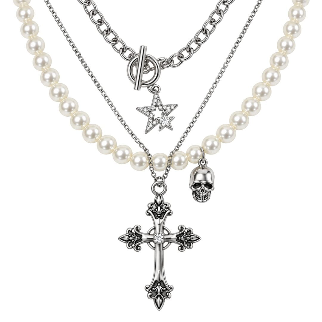 THE MEN THING SS Pendant/ Necklace GOTHIC STAR SKULL - Three Layer Necklace with Oval Rolo Link Chain with Toggle Clasp & Pearl Beaded Chain & Fine Cable Chain & Cross Pendant (17 to 20 inch Adjustable Chain)