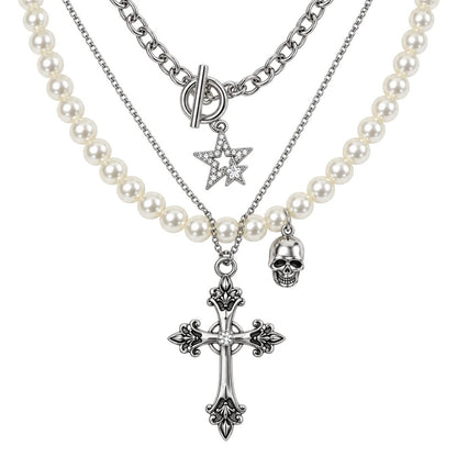 THE MEN THING SS Pendant/ Necklace GOTHIC STAR SKULL - Three Layer Necklace with Oval Rolo Link Chain with Toggle Clasp & Pearl Beaded Chain & Fine Cable Chain & Cross Pendant (17 to 20 inch Adjustable Chain)