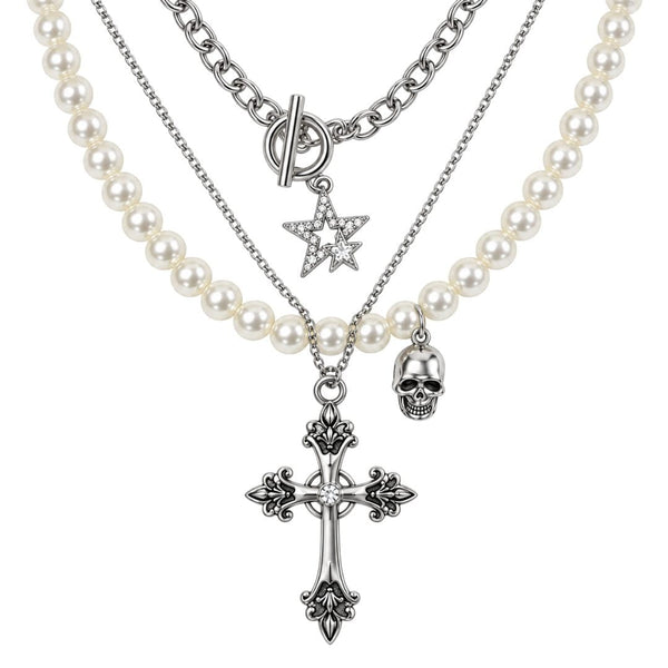 GOTHIC STAR SKULL - Three Layer Necklace with Oval Rolo Link Chain with Toggle Clasp & Pearl Beaded Chain & Fine Cable Chain & Cross Pendant (17 to 20 inch Adjustable Chain)