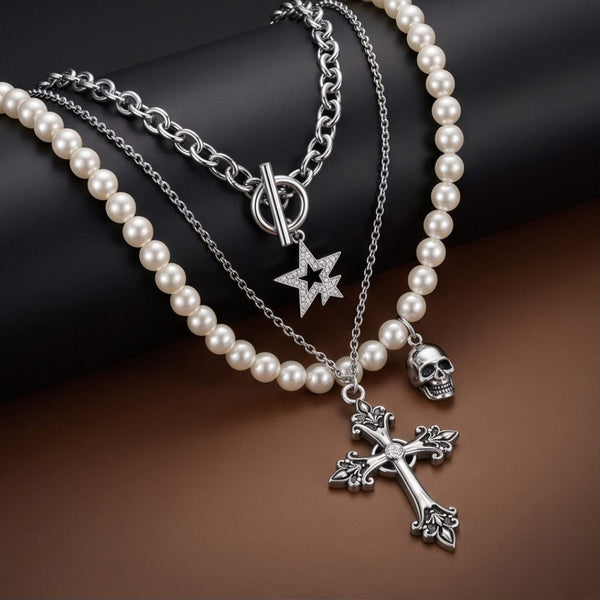 GOTHIC STAR SKULL - Three Layer Necklace with Oval Rolo Link Chain with Toggle Clasp & Pearl Beaded Chain & Fine Cable Chain & Cross Pendant (17 to 20 inch Adjustable Chain)