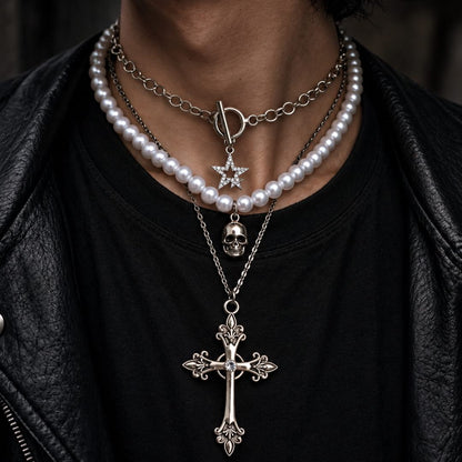 THE MEN THING SS Pendant/ Necklace GOTHIC STAR SKULL - Three Layer Necklace with Oval Rolo Link Chain with Toggle Clasp & Pearl Beaded Chain & Fine Cable Chain & Cross Pendant (17 to 20 inch Adjustable Chain)