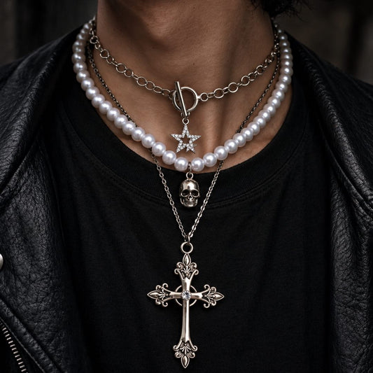 THE MEN THING SS Pendant/ Necklace GOTHIC STAR SKULL - Three Layer Necklace with Oval Rolo Link Chain with Toggle Clasp & Pearl Beaded Chain & Fine Cable Chain & Cross Pendant (17 to 20 inch Adjustable Chain)