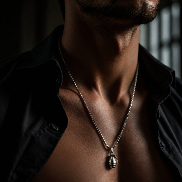 GRENADE - Alloy Pendant with Pure Stainless Steel 24inch Round Box Chain, American trending Style for Men & Boy