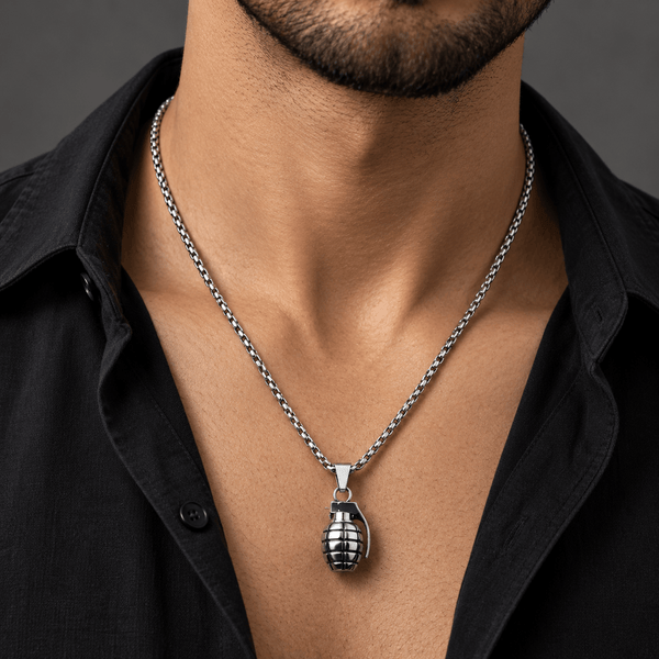 GRENADE - Alloy Pendant with Pure Stainless Steel 24inch Round Box Chain, American trending Style for Men & Boy