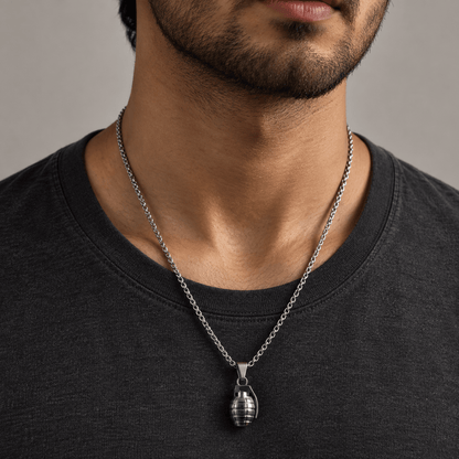 THE MEN THING SS Pendant/ Necklace GRENADE - Alloy Pendant with Pure Stainless Steel 24inch Round Box Chain, American trending Style for Men & Boy