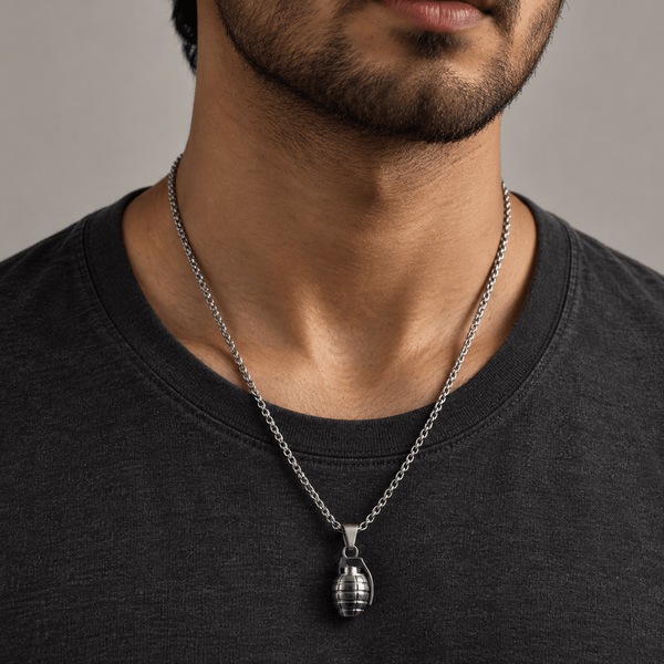 GRENADE - Alloy Pendant with Pure Stainless Steel 24inch Round Box Chain, American trending Style for Men & Boy