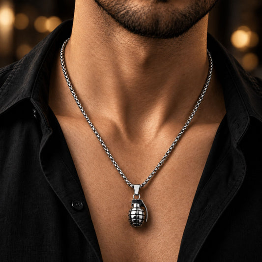 THE MEN THING SS Pendant/ Necklace GRENADE - Alloy Pendant with Pure Stainless Steel 24inch Round Box Chain, American trending Style for Men & Boy