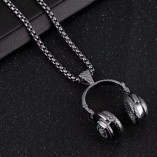 HEADPHONE BLACK (A) -  Alloy Pendant with Stainless Steel 24inch Round Box Chain for Men, American trending Style for Men & Boy
