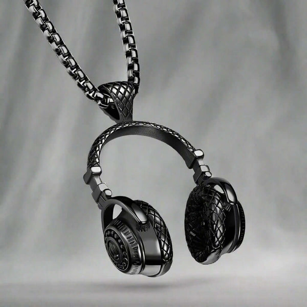HEADPHONE BLACK (A) -  Alloy Pendant with Stainless Steel 24inch Round Box Chain for Men, American trending Style for Men & Boy