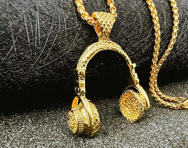 HEADPHONE GOLD (A) - Alloy Pendant with Stainless Steel 24inch Round Box Chain, American trending Style for Men & Boys