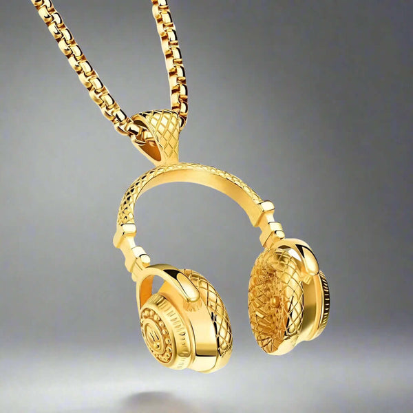 HEADPHONE GOLD (A) - Alloy Pendant with Stainless Steel 24inch Round Box Chain, American trending Style for Men & Boys