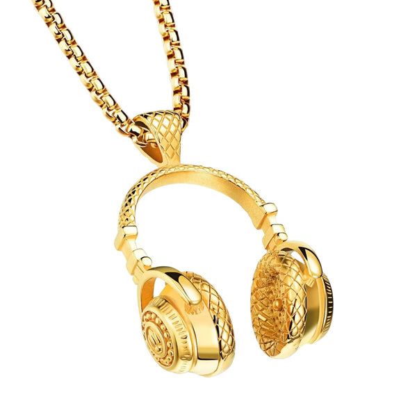 HEADPHONE GOLD (A) - Alloy Pendant with Stainless Steel 24inch Round Box Chain, American trending Style for Men & Boys