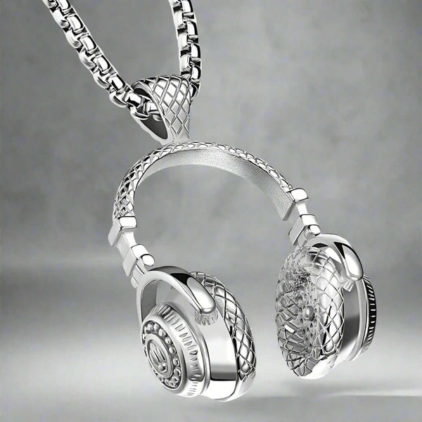 हेडफ़ोन सिल्वर (A) - पुरुषों के लिए स्टेनलेस स्टील 24 इंच गोल बॉक्स चेन के साथ मिश्र धातु पेंडेंट, पुरुषों और लड़कों के लिए अमेरिकी ट्रेंडिंग स्टाइल