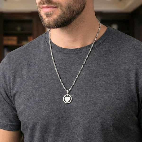 HEART IN CIRCLE - Titanium Steel Pendant with 24inch Round Box Chain for Men & Boys