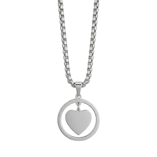 HEART IN CIRCLE - Titanium Steel Pendant with 24inch Round Box Chain for Men & Boys