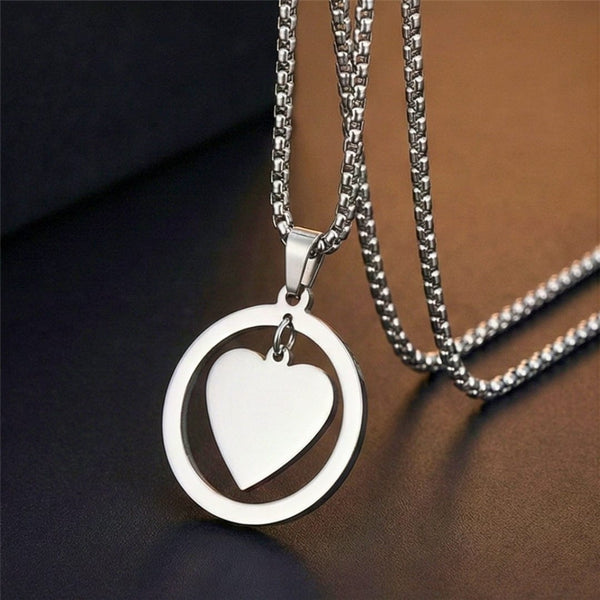 HEART IN CIRCLE - Titanium Steel Pendant with 24inch Round Box Chain for Men & Boys