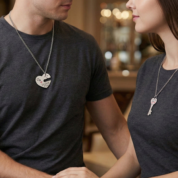 HEART LOCK KEY LOVE - Pure Titanium Steel Bar Pendant with 23inch Cuban Chain for Men & Boys