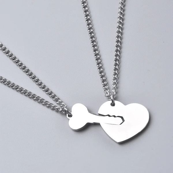 HEART LOCK KEY LOVE - Pure Titanium Steel Bar Pendant with 23inch Cuban Chain for Men & Boys