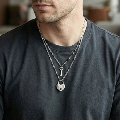 THE MEN THING SS Pendant/ Necklace HEART PADLOCK KEY - Pure Titanium Steel Pendant with 24inch Round Rolo Chain for Men & Boys