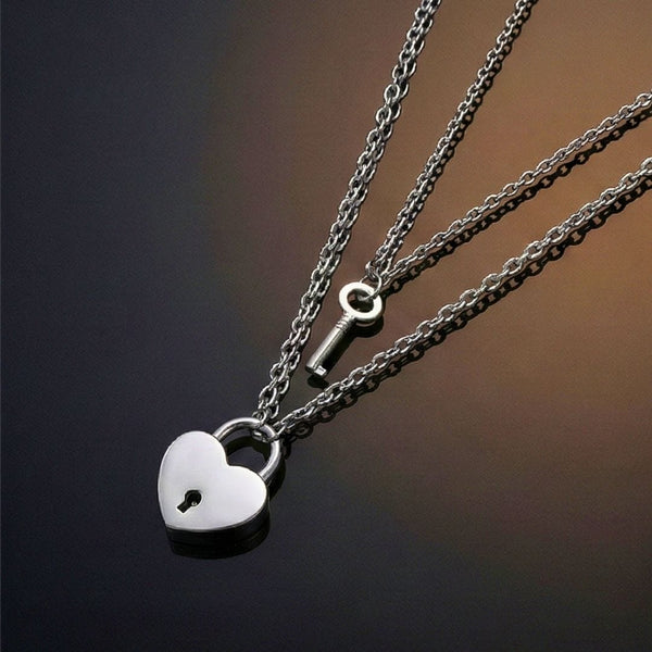 HEART PADLOCK KEY - Pure Titanium Steel Pendant with 24inch Round Rolo Chain for Men & Boys