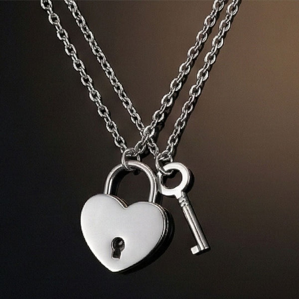 HEART PADLOCK KEY - Pure Titanium Steel Pendant with 24inch Round Rolo Chain for Men & Boys