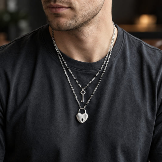 THE MEN THING SS Pendant/ Necklace HEART PADLOCK KEY - Pure Titanium Steel Pendant with 24inch Round Rolo Chain for Men & Boys