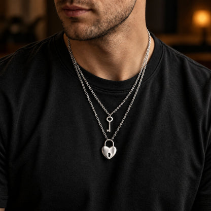 THE MEN THING SS Pendant/ Necklace HEART PADLOCK KEY - Pure Titanium Steel Pendant with 24inch Round Rolo Chain for Men & Boys