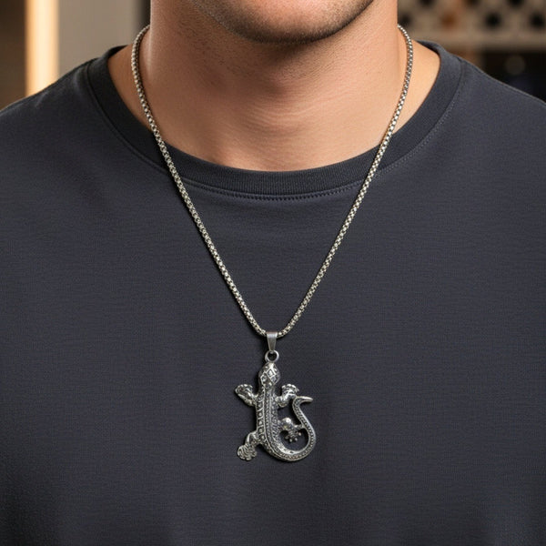 HELL LIZARD - 37mm Titanium Steel Pendant with 24inch Round Box 5mm Chain for Men & Boys