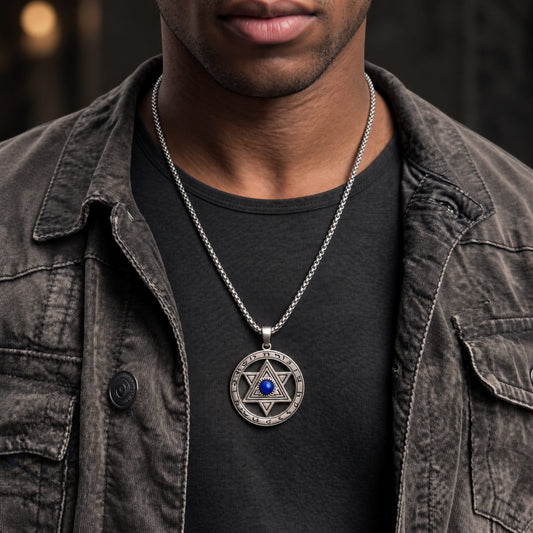 THE MEN THING SS Pendant/ Necklace HEXAGRAM SEAL - 27mm Pure Titanium Steel Pendant with 23inch Round Box 4mm Chain for Men & Boys