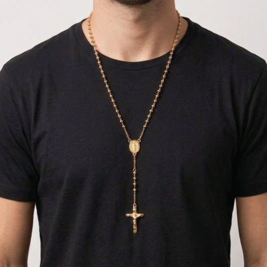 THE MEN THING SS Pendant/ Necklace HOLY ROSARY GOLDEN - 21mm Titanium Steel Pendant with 34inch Chain 6mm for Men & Boys