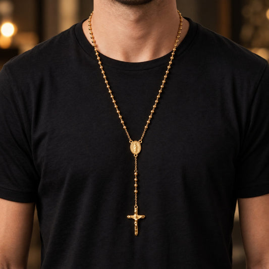 THE MEN THING SS Pendant/ Necklace HOLY ROSARY GOLDEN - 21mm Titanium Steel Pendant with 34inch Chain 6mm for Men & Boys