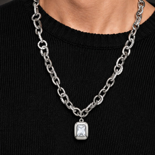 THE MEN THING SS Pendant/ Necklace ICED LINK - 13mm Titanium Steel Pendant with 17 to 19 inch Adjustable 7.8mm Chain for Men & Boys