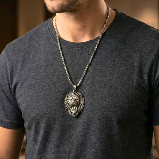 THE MEN THING SS Pendant/ Necklace IMPERIAL LION KING - 40mm Titanium Steel Pendant with 24inch Round Box 5mm Chain for Men & Boys