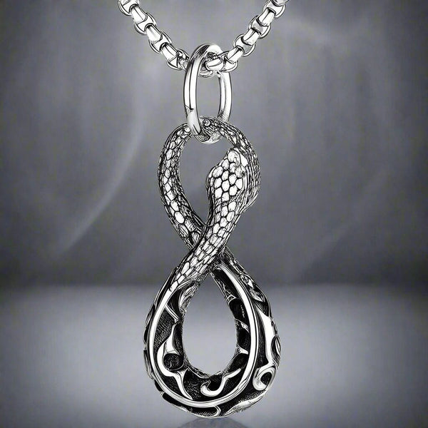 ఇన్ఫినిటీ స్నేక్ - పురుషులు & అబ్బాయిల కోసం 24 అంగుళాల రౌండ్ బాక్స్ చైన్‌తో టైటానియం స్టీల్ స్నేక్ లాకెట్టు