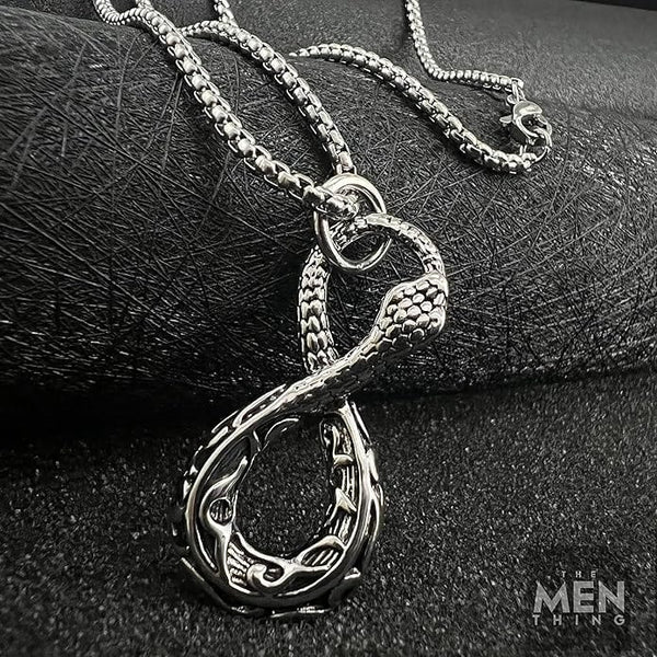 ఇన్ఫినిటీ స్నేక్ - పురుషులు & అబ్బాయిల కోసం 24 అంగుళాల రౌండ్ బాక్స్ చైన్‌తో టైటానియం స్టీల్ స్నేక్ లాకెట్టు