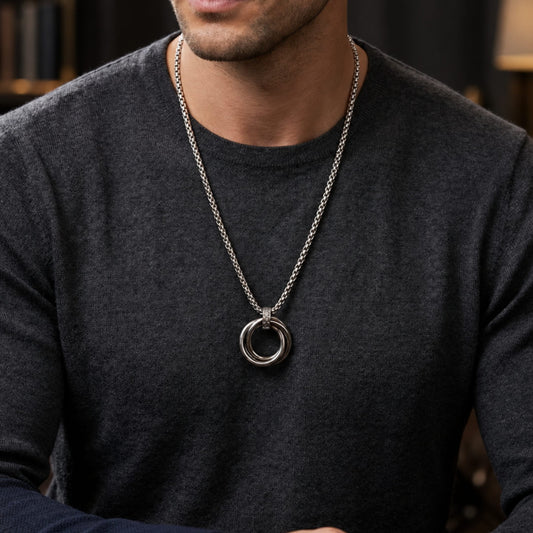 THE MEN THING SS Pendant/ Necklace INFINITY TRIPLE RING - 24mm Titanium Steel Pendant with 23inch 4mm Twisted Chain for Men & Boys