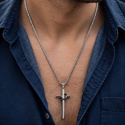 THE MEN THING SS Pendant/ Necklace INTERLOCK RING CROSS - 29mm Pure Titanium Steel Pendant with 27inch Round Box 4mm Chain for Men & Boys