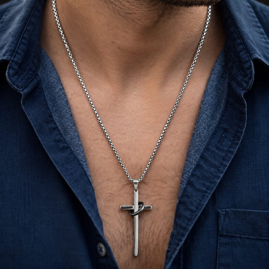 THE MEN THING SS Pendant/ Necklace INTERLOCK RING CROSS - 29mm Pure Titanium Steel Pendant with 27inch Round Box 4mm Chain for Men & Boys