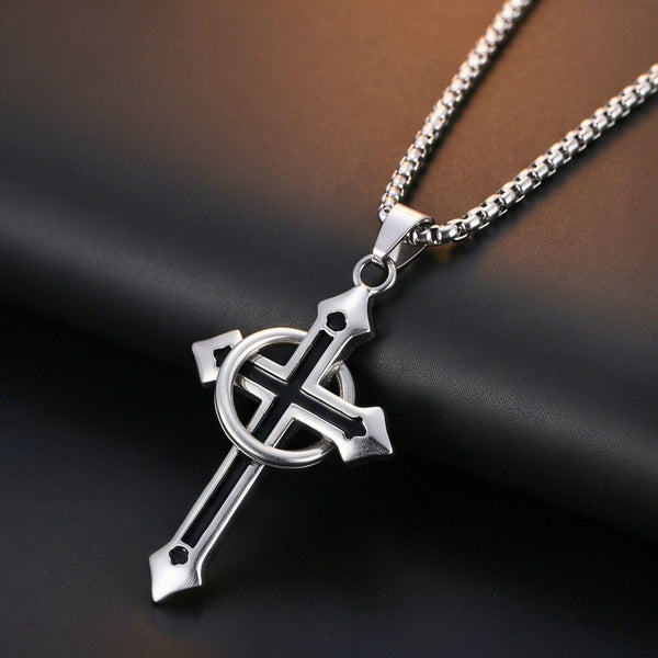 INTERWOVEN BLACK CROSS - 27mm Pure Titanium Steel Pendant with 24inch Round Box 4mm Chain for Men & Boys