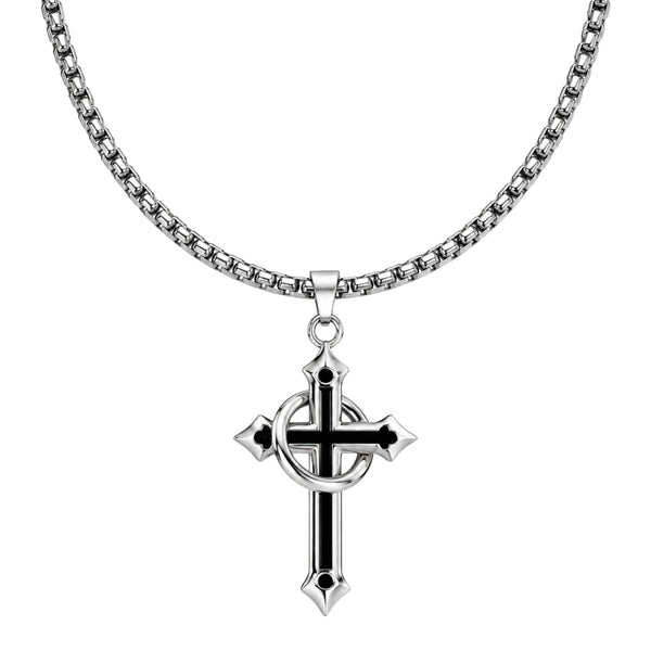 INTERWOVEN BLACK CROSS - 27mm Pure Titanium Steel Pendant with 24inch Round Box 4mm Chain for Men & Boys