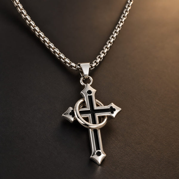 INTERWOVEN BLACK CROSS - 27mm Pure Titanium Steel Pendant with 24inch Round Box 4mm Chain for Men & Boys