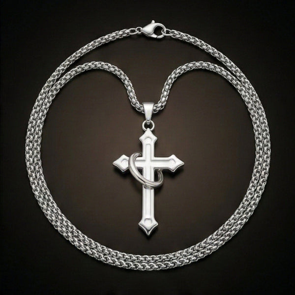 INTERWOVEN CROSS - 27mm Pure Titanium Steel Pendant with 24inch Round Box 4mm Chain for Men & Boys