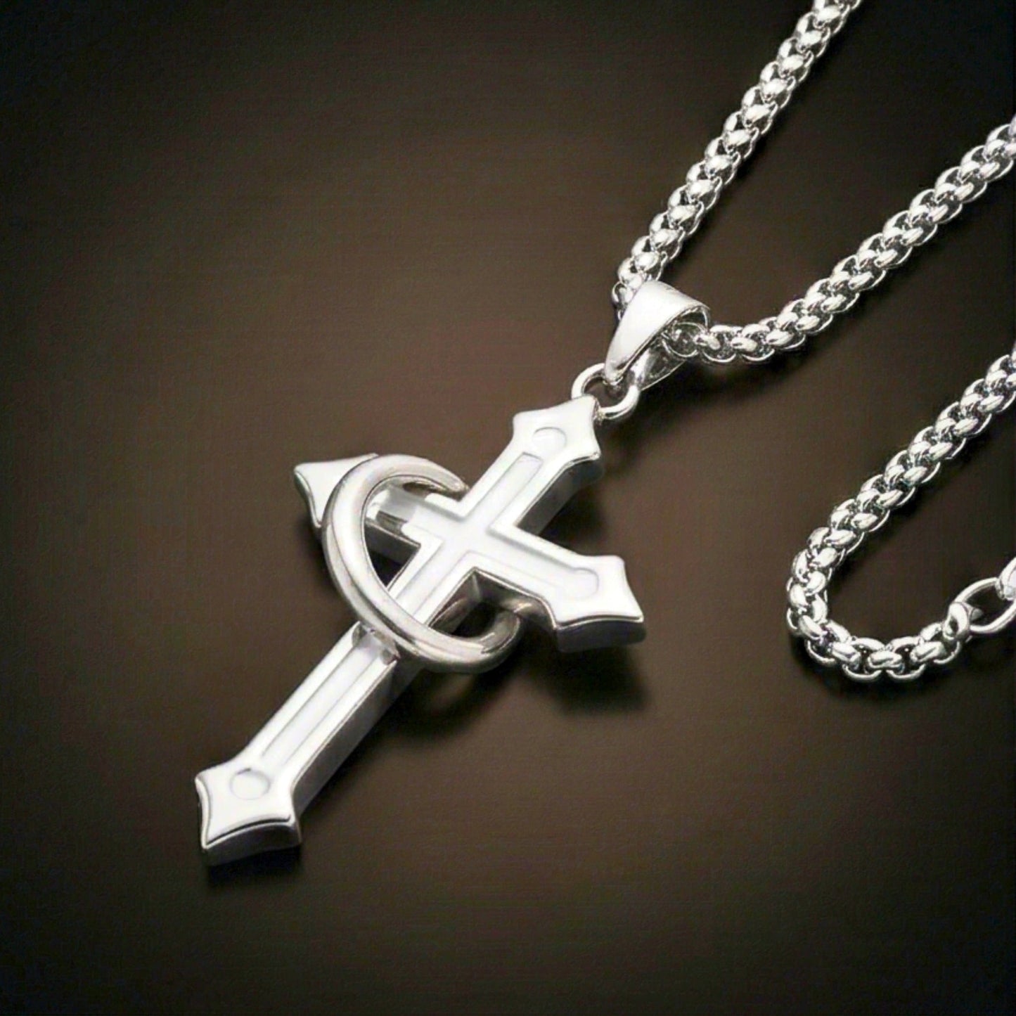 THE MEN THING SS Pendant/ Necklace INTERWOVEN CROSS - 27mm Pure Titanium Steel Pendant with 24inch Round Box 4mm Chain for Men & Boys