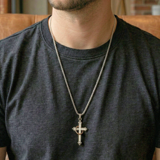 THE MEN THING SS Pendant/ Necklace INTERWOVEN CROSS - 27mm Pure Titanium Steel Pendant with 24inch Round Box 4mm Chain for Men & Boys