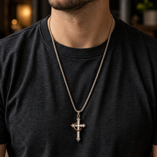 THE MEN THING SS Pendant/ Necklace INTERWOVEN CROSS - 27mm Pure Titanium Steel Pendant with 24inch Round Box 4mm Chain for Men & Boys