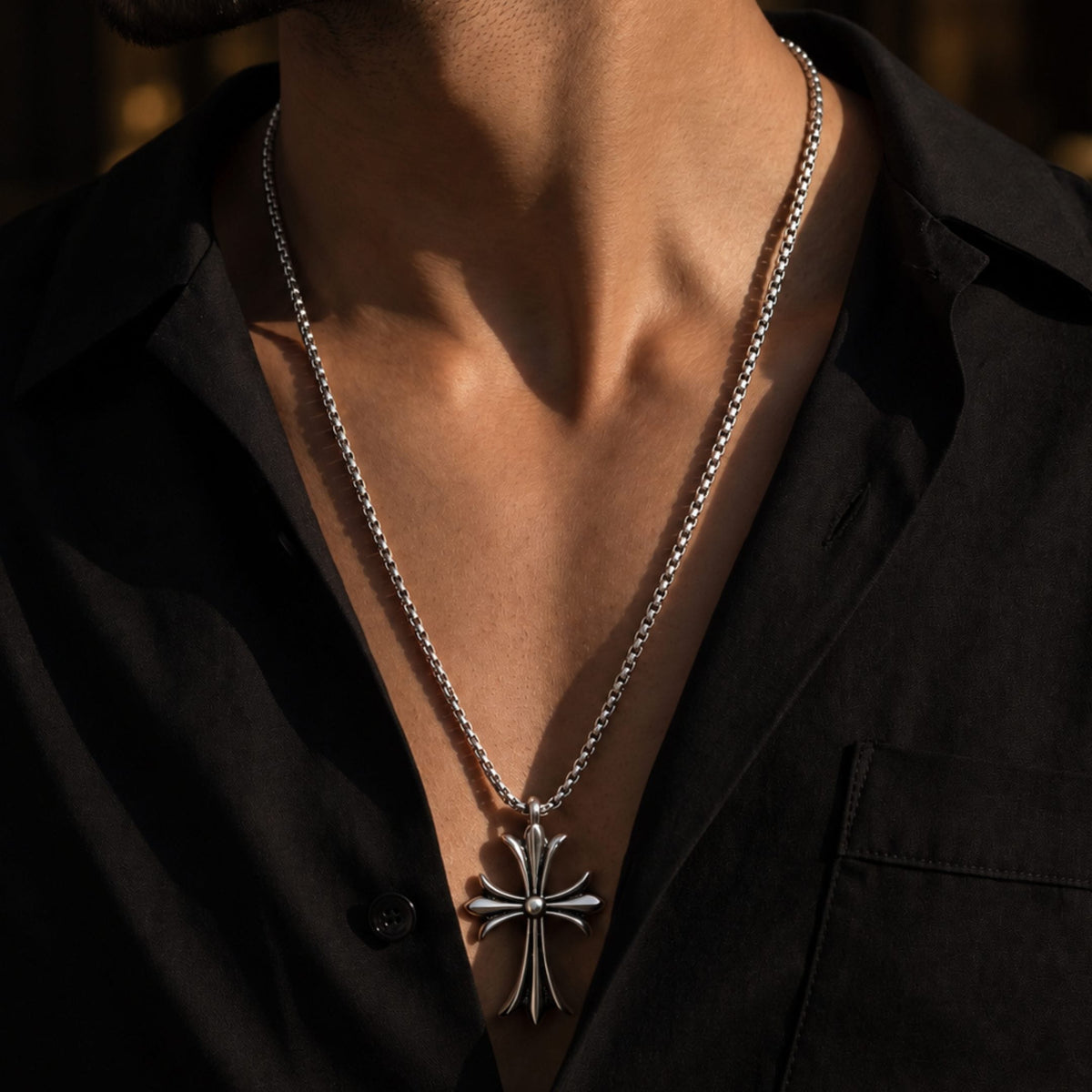 THE MEN THING SS Pendant/ Necklace IRON CREED CROSS - 28mm Titanium Steel Pendant with 23inch Round Box 4mm Chain for Men & Boys